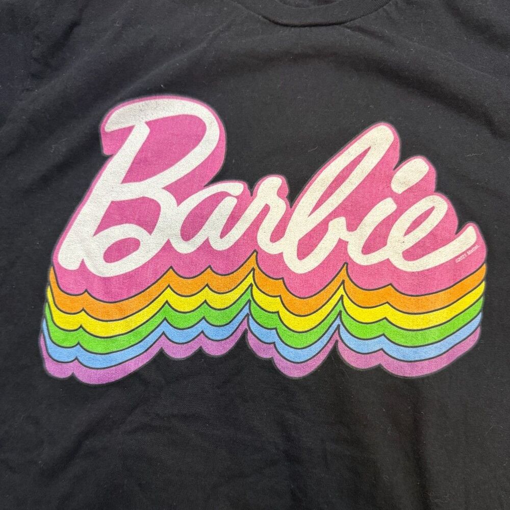 Barbie Womens S Black Rainbow Logo Graphic T-Shirt Short Sleeve Crew Neck Cotton - Picture 3 of 8